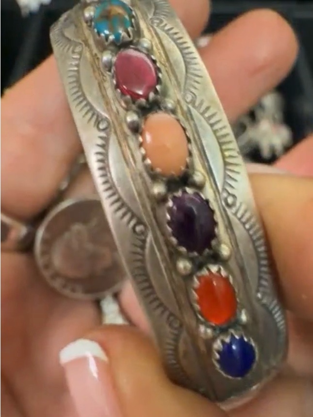 Multistone Sterling Silver Cuff Bracelet - Colorful Gem Accents Yazzie - Picture 2 of 16